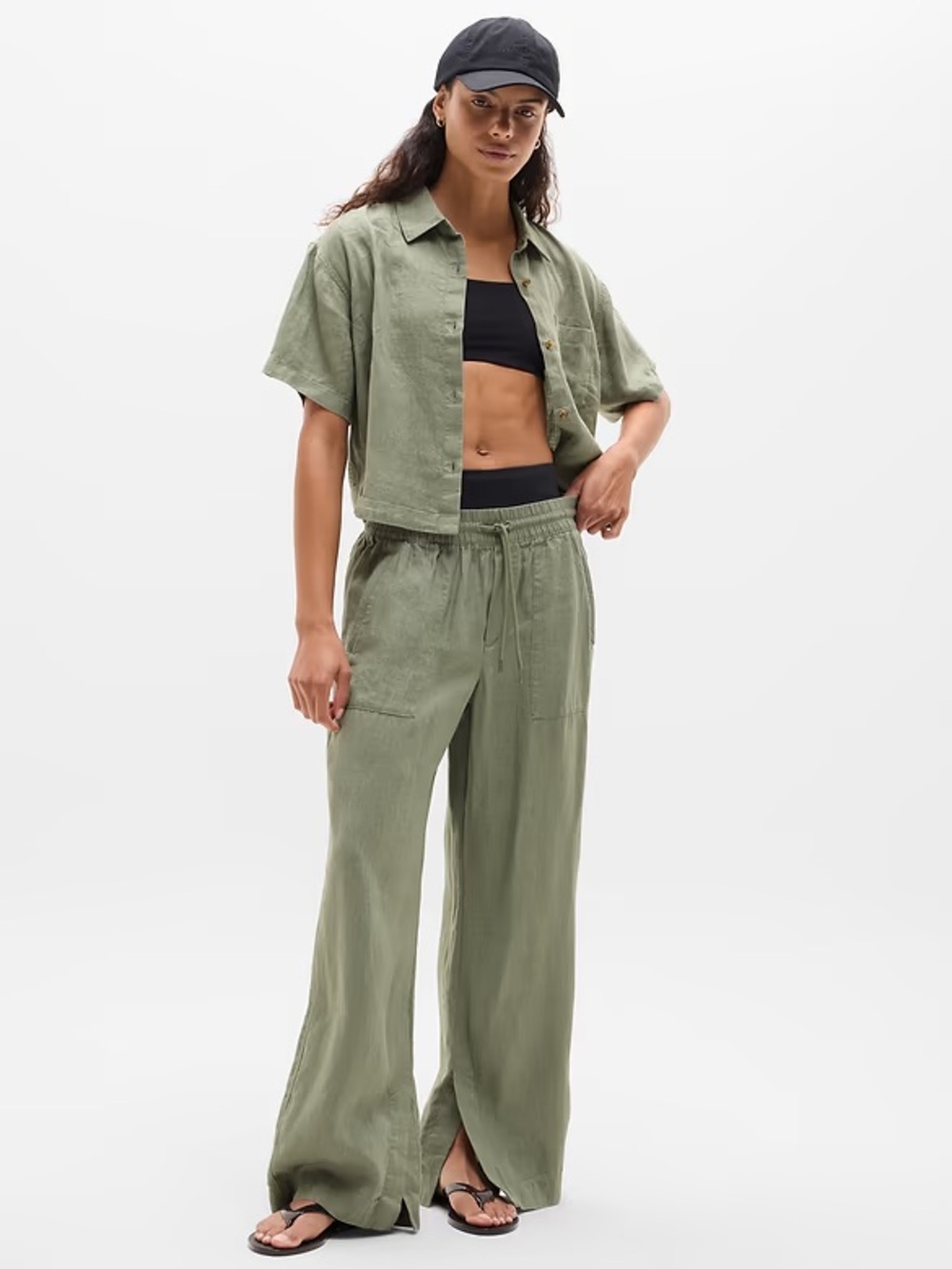 Athleta Olive Wide-Leg Drawstring Linen-Blend Pants